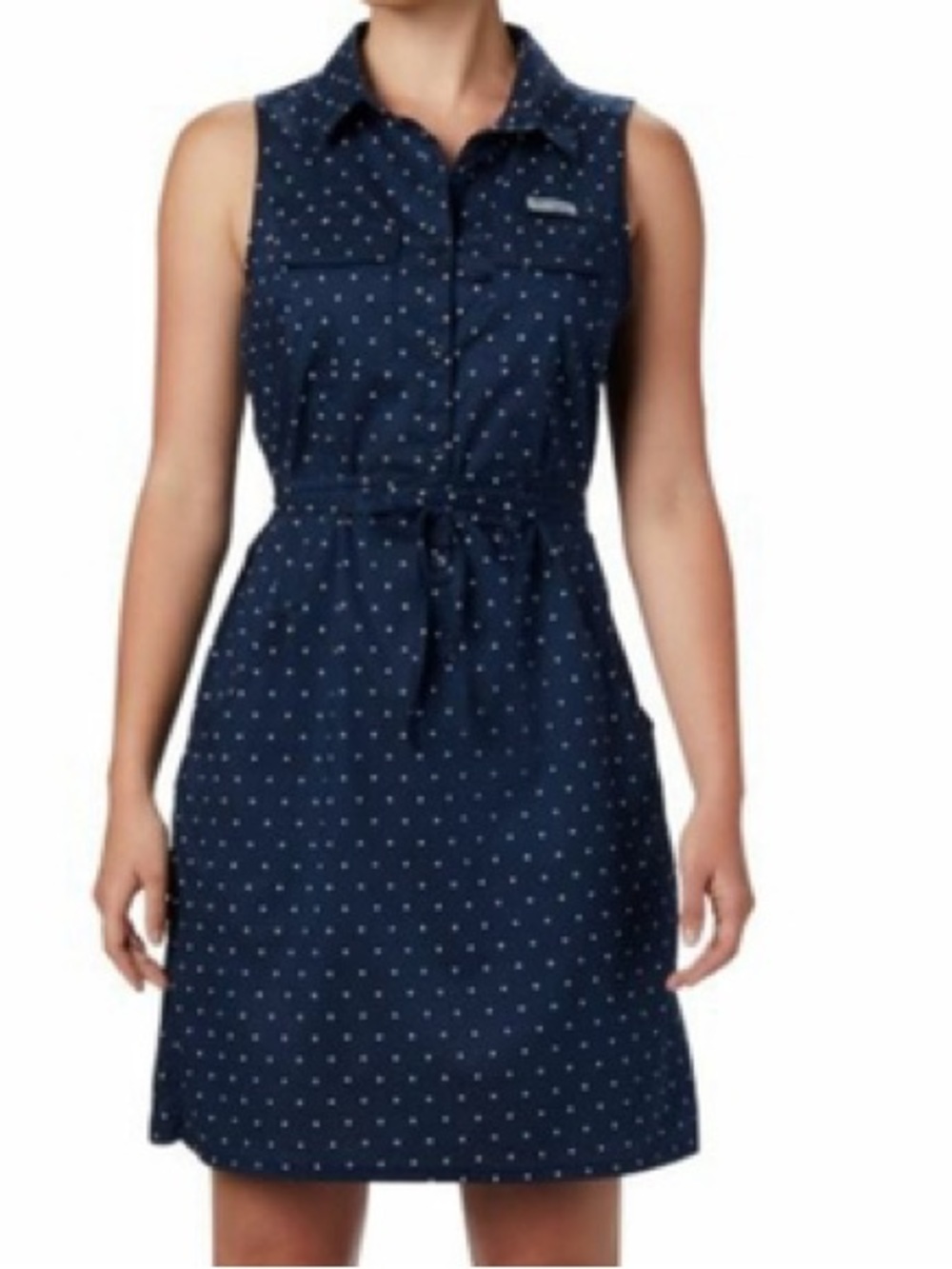Columbia Sleeveless Navy Polka Dot Shirt Dress with Self-Tie Waist